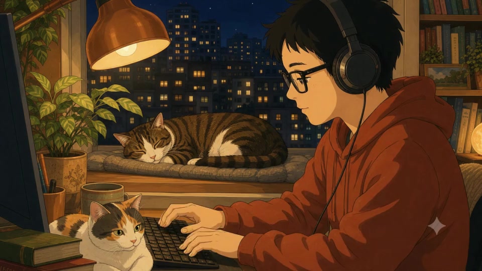 A cozy illustrated desk, a young person wearing headphones, and two cats.