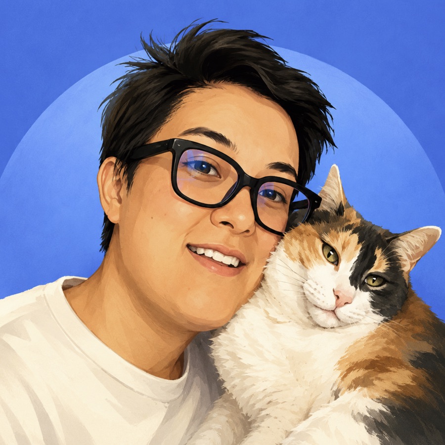 Illustrated portrait of the builder and a calico cat, cheek to cheek